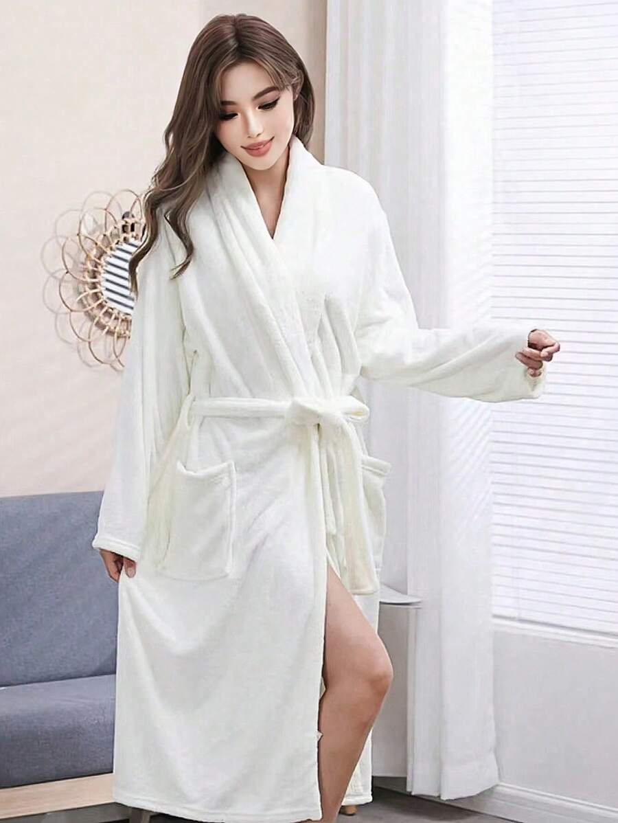 SHEIN 1PC Thickened And Lengthened Coral Fleece Hooded Bathrobe/Robe With Simple Solid Color, Monk Collar, Long Sleeves For Men And Women, Soft, Warm, Non-Shedding - Perfect For Home, Hotel, Lodge Use Wedding Home Bathroom Decor Beach Wear - White - View 1