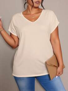 EMERY ROSE Apricot V-Neck Short Sleeve Pleated Casual T-Shirt For Plus Size Women - Multicolor - View 4