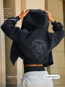 GLOWMODE X Harry Potter Everyday Fleece Hogwarts Soft Warm Lightweight Relaxed Fit Cropped Hoodie Sweatshirt Daily Casual Wear Fall Winter - Iron Gray - View 2
