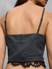 TypaGal Grey Summer Elegant Night Out Women's Cropped Pinstripe Cami Top,Black Lace Trim,Grunge Punk Streetwear,Y2k 2000s Style Flirty Soft Feminine Clothes - Black - View 2