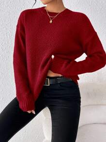 EMERY ROSE 女士纯色圆领落肩长袖休闲宽松套头衫针织套头衫秋冬