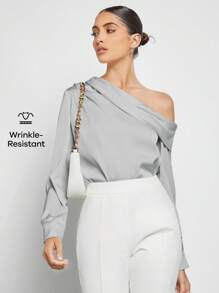 BizChic 春夏新款不对称设计褶皱肩部宽松长袖缎面衬衫，现代优雅都市通勤日常浪漫90年代复古风圣诞节新年情人节派对海滩毕业时尚嘉年华假日百搭简约浪漫风，适合婚礼宾客、主人、约会、派对、音乐会、早午餐、机场等多种场合。 - 灰色 - 查看 11