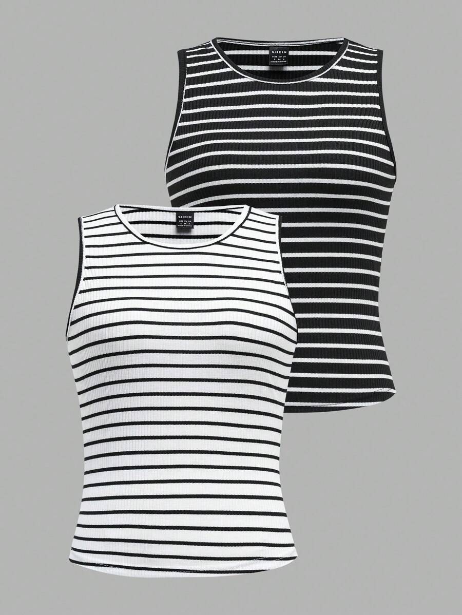 SHEIN EZwear 2 pezzi Set di top a canotta aderenti in tessuto a maglia a righe casual da donna, adatto per l'estate, uso quotidiano, versatile e confortevole