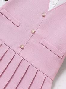 Tween Girl Puff Sleeve Pleated 2 In 1 Dress, Suitable For Casual Wear Back To School - Pink - View 5