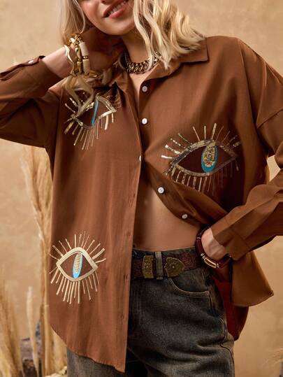 Bóhologie Eyes In Gold Embroidery With Button-Up Shirt , Long Sleeves, Bold And Artistic Design, Boho Collection Brown Blouses Western Blouses Western Shirts Western Button Up Women Evil Eye Shirt