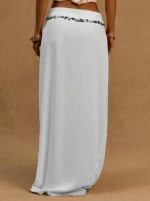 MUSERA Chân váy maxi cổ bẻ viền sequin giả vải lanh, thích hợp cho kỳ nghỉ hè ở Ibiza, đi biển, phong cách thanh lịch, sang trọng, lễ Phục sinh. - trắng - Xem 4