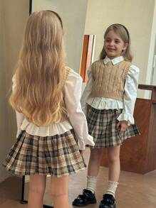 SHEIN Young Girl Ribbed Knit Sweater Vest With Cable Texture, Elegant & Cute, High Quality, Warm & Soft, Versatile For Play, Daily Wear, School, Autumn & Winter,Pairing White Shirt,Back To School Season.College Style, Girls Sweater Vest Cable Knit Sweater Vest Tween Sweater Vest Girls Knitted Vest Kids Sweater Vest Fall