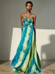 Aveloria Modichic 雪纺扎染印花挂脖系带无袖度假连衣裙