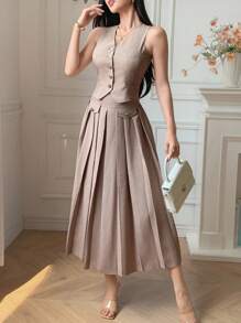 DAZY 女式纯色V领背心和百褶裙两件套 - 卡其色 - 查看 4