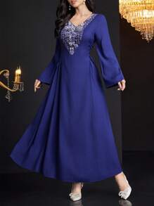 Al Najma 女式拼接 V 领长袖系带简约休闲长款朴素连衣裙 - 寶藍色 - 查看 4