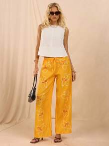SHEIN Forever 21 春夏女士浪漫/舞会/正式/生日/90 年代/商务休闲女士/优雅/西部装/外出/时尚/休闲/Y2K/俱乐部/办公室/鸡尾酒会/复古/狂欢节/有趣/优雅/老钱/街头服饰/度假/乡村音乐会/工作/端庄/春假/单身派对/音乐会/坏人/基本款/毕业/低腰宽松直筒花裤 - 黃色 - 查看 6