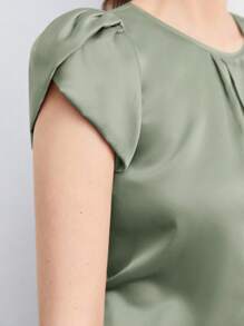 BizChic 女士纯色圆领褶饰蝙蝠袖宽松休闲衬衫，基本款都市通勤简约优雅别致商务休闲办公室装 - 綠色 - 查看 6