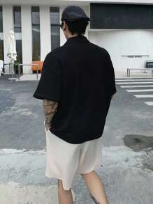 Manfinity Dauomo 男士刺绣黑色纽扣休闲宽松短袖 Polo 衫 - 黑色 - 查看 2