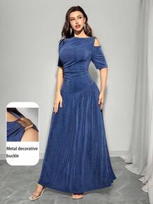 Modelyn Women's Elegant Solid Color Asymmetric Neckline Fitted Dress