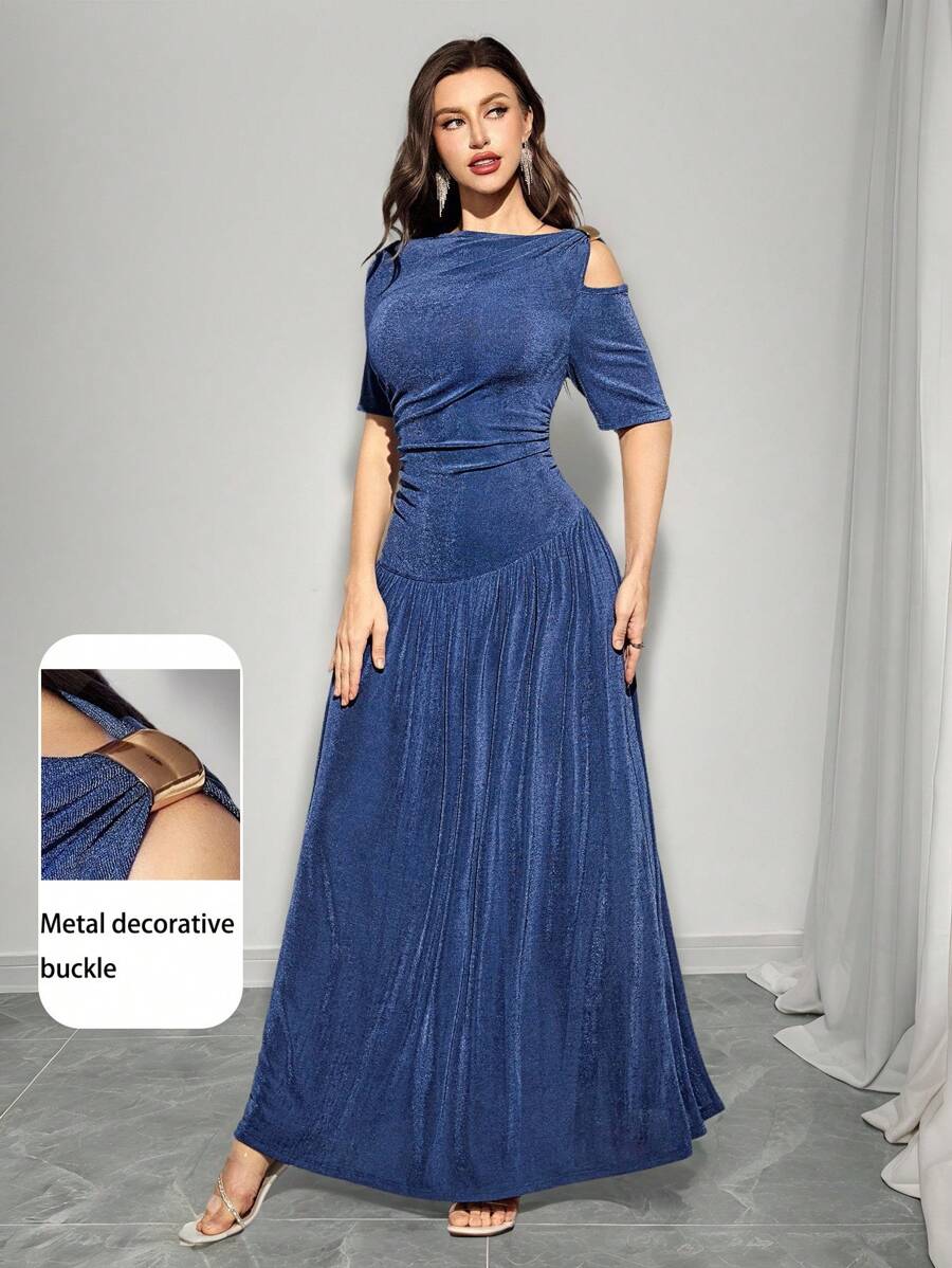 Modelyn Women's Elegant Solid Color Asymmetric Neckline Fitted Dress