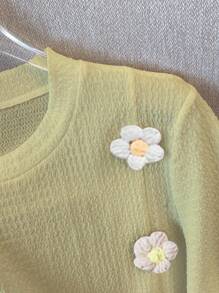 Franclia 时尚圆领短袖T恤，3D立体花卉图案奶油黄T恤，适合大学穿着 - 黃色 - 查看 5