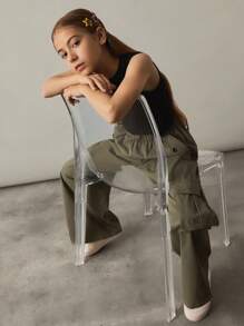 SHEIN 2 件套青少年女孩休闲日常舒适合身套头针织背心和直筒宽松纯色裤子套装 - 彩色 - 查看 3