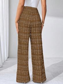 SHEIN Clasi 夏季优雅女士格纹印花弹力针织裤，适合各种场合，适合夏季度假、优雅旅行、日常通勤 - 棕色 - 查看 2