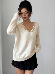 Rafferiza Suéter suelto y vintage con cuello en V y lentejuelas, estilo europeo y americano para otoño e invierno, elegante, de moda, casual, para ir a la oficina, diario, de ocio, todo a juego, urbano, atuendo profesional de maestro - Beis - View 7
