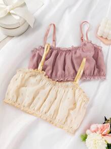 2 件装女童青春期前甜美紫色和杏色组合褶边吊带背心（无衬垫） - 彩色 - 查看 1