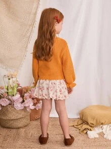 Blossori Young Girls' French Elegant Twist Floral Puff Sleeve Pullover Sweater Girls Orange Sweater Kids Knit Sweater Cable Knit Sweater Girls Girls Fall Sweater Toddler Girl Sweater Winter - Orange - View 2