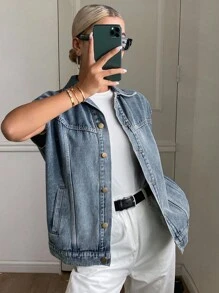 DAZY 女式翻领无袖背心，宽松休闲街头风格牛仔夹克和外套 - 中等水洗藍 - 查看 2