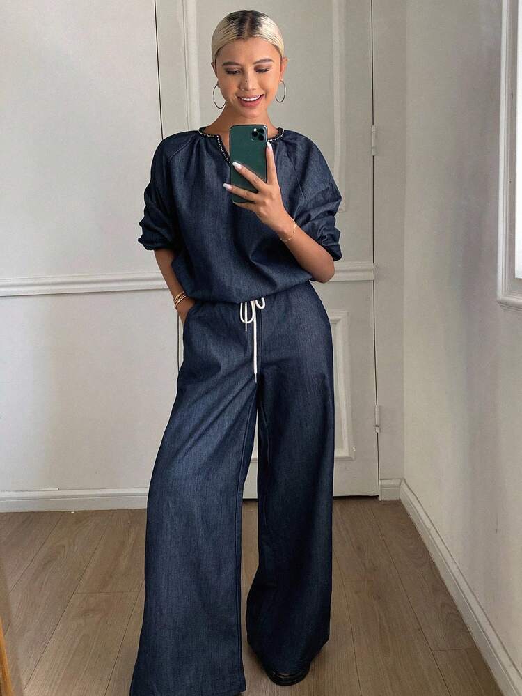 2pcs Women Rhinestone Trim V-Neck Long Sleeve Top And Loose Fit Pants Casual Denim Suit, Vacation Style