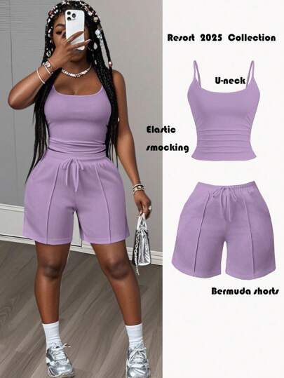 Slaydiva New Spring And Summer Casual Basic Sports Style U-Neck Suspender Vest + Five-Point Trousers With Tooth Strips Decorative Sweatpants White Women's Two Pieces Set-A Women 2 Pieces Short Sets Women Summer Shorts Set 2 Pieces Bermuda Shorts Set Women U-Neck Tank Top And Shorts Set Women Casual Two Pieces Outfit