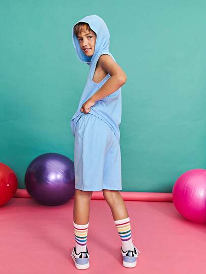 Leap Crew Leap Crew Tween Boy Casual Minimalist Comfortable Hooded Sleeveless Top And Shorts Set ,Back To School Season, Christmas