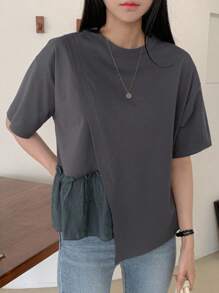 DAZY Women's Summer Solid Color Round Neck Drop Shoulder Casual T-Shirt With Ruffled Hem - Grey - View 4