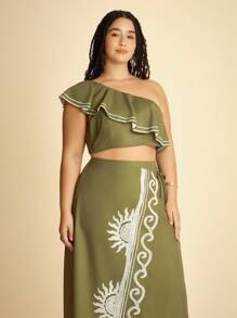 CAJUNI Conjunto de 2 piezas con blusa de cuello asimétrico con volantes y estampado tropical verde, y falda - Ropa bohemia para mujer / Ropa occidental para mujer / Gráfica / Casual - Vestidos de otoño para mujer - Verde - Ver 5