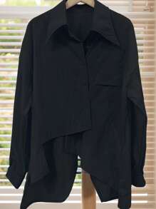 INAWLY Áo sơ mi dài tay giản dị có túi vá màu trơn cài nút phía trước - màu đen - Xem 3