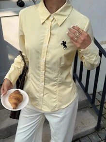 SHEIN EZwear Women's Autumn Outing Clothing New Style Embroidered Horse Cream Yellow Stripes Waist Decoration Slim Long Sleeve Shirt,Tops For School   Suitable For Daily Wear,Fall Tops