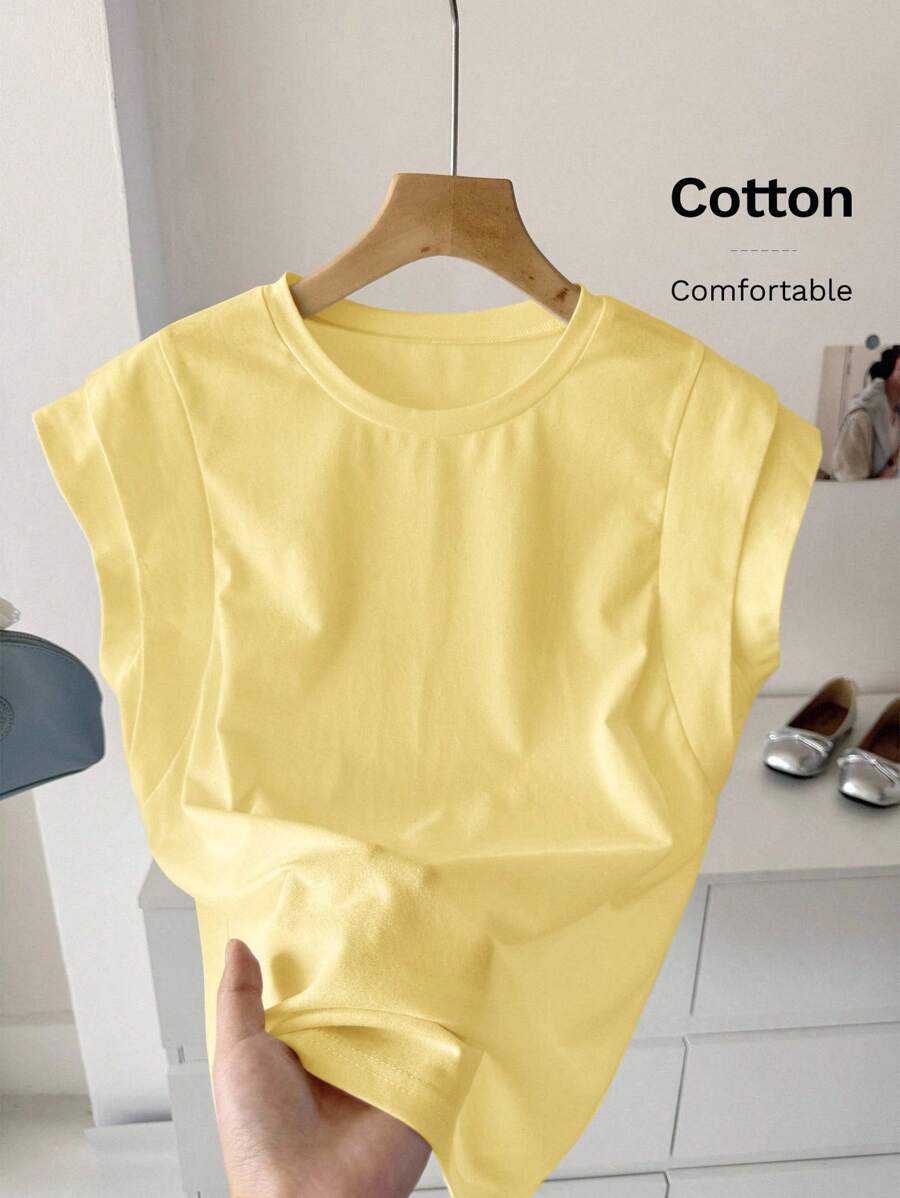 SHEIN LUNE Regular Fit Yellow Short Sleeve Women T-Shirt With Batwing Style And Classic Design Cotton Top Summer Butter Solid Color - Yellow - View 1