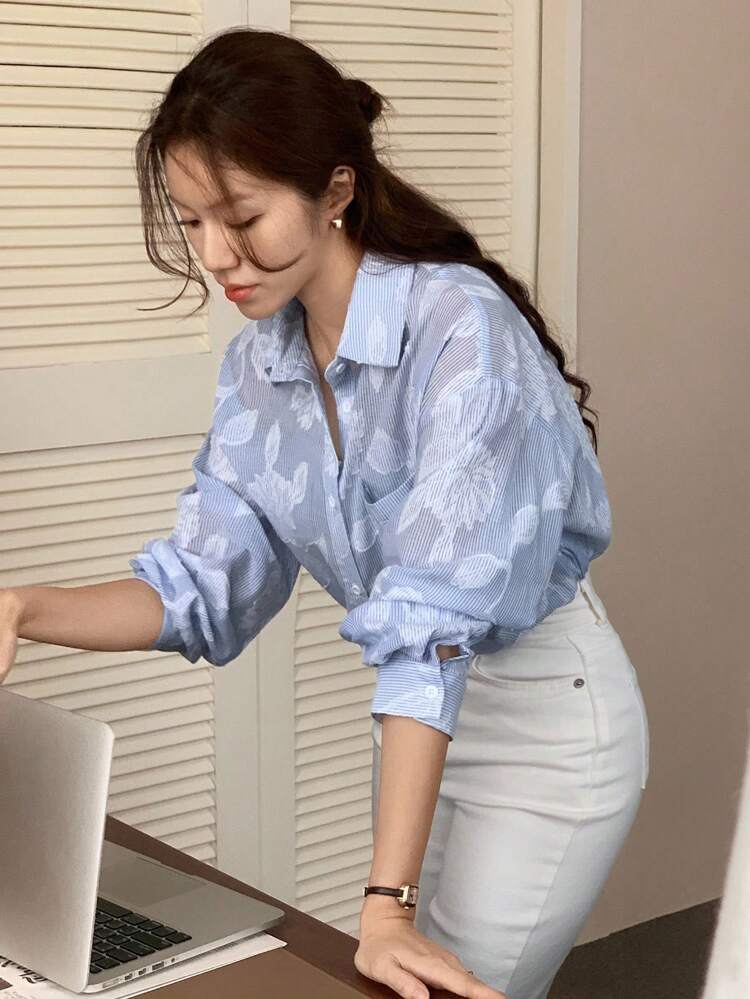 Loose Business Casual Ditsy Floral Long Sleeve Shirt For Women, Suitable For Office Wear In Spring, Summer And Autumn,Fall Women Clothes