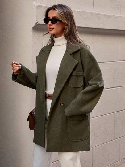 EURMUSE Women's Solid Color Lapel NeckDrop Shoulder Long Sleeve Casual Loose Woolen Jacket