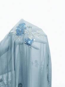 EgrlEra 性感V领细肩带露背串珠刺绣花卉印花吊带背心女式上衣 - 寶藍色 - 查看 6