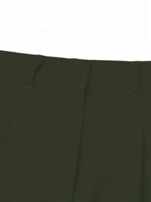 SHEIN LUNE 女士纯色褶皱阔腿宽松休闲裤 - 墨綠色 - 查看 3