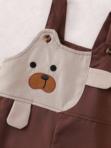 SHEIN 婴幼儿男童休闲条纹长袖上衣和可爱小熊背带裤两件套 - 咖啡棕 - 查看 4