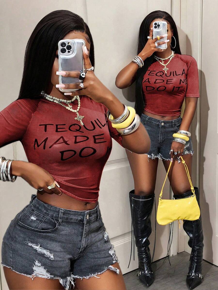 BamGleam 休闲时尚百搭修身女式短袖 T 恤，夏季 - 酒紅色 - 查看 1