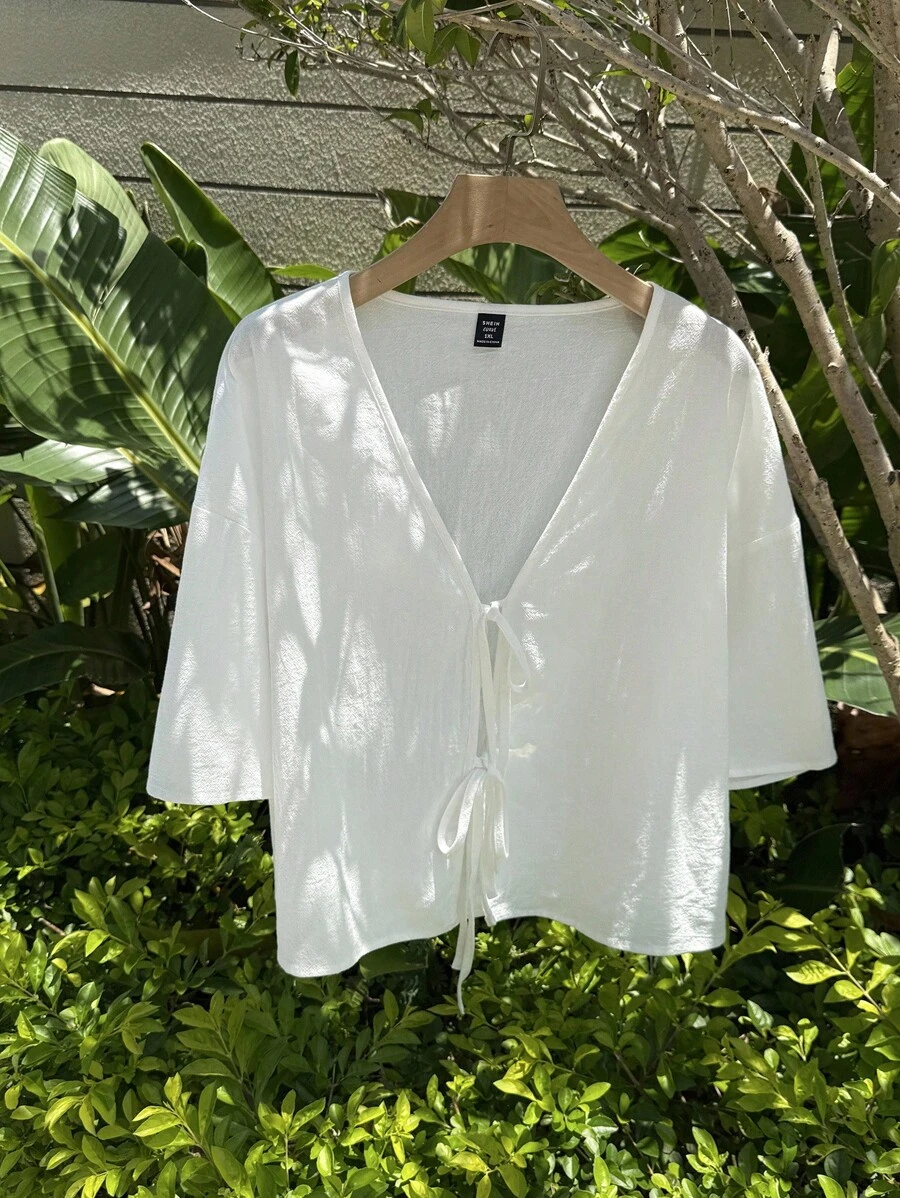 Comfortcana 大码女式前系带短袖白衬衫 - 白色 - 查看 1