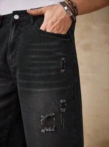Manfinity Homme Quần short denim dáng rộng, cổ điển, màu xanh nhạt, giặt sạch dành cho nam - màu đen - Xem 4