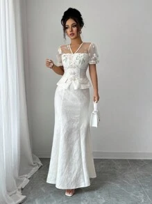 Elenzga 女士优雅时尚通勤休闲舒适奢华浪漫约会迷人复古假日网眼刺绣拼布短袖合身珍珠纽扣纯色纹理美人鱼蕾丝提花两件套（随机花卉图案） - 杏色 - 查看 7