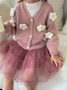 SHEIN Young Girl Cute Floral  /Flowers 3D Knit Long Sleeve Cardigan, Autumn Winter, Daisy Cardigan Kids, Pink,Mom And Daughter & Sisters  Matching. Pink Cardigan With Flowers Fall - Pink - View 7