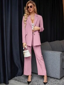 SHEIN Clasi 素色單釦西裝外套和褲子 - 粉色 - 查看 3