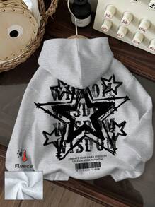 Slaydiva Sudadera holgada con capucha de forro polar con gráfico de código de barras de letra de estrella casual, para otoño/invierno, para mujer - Gris - Ver 6