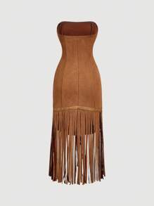 SHEIN MOD Women's Fashionable Brown Suede Fringe Tube Dress,Country - Brown - View 2