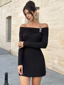 Firerie Women's New Black Sexy Elegant Off-Shoulder Cinched Waist A-Line Mini Skirt, Suitable For Commute, Elegant, Sexy, Party, Work Attire - Black - View 5