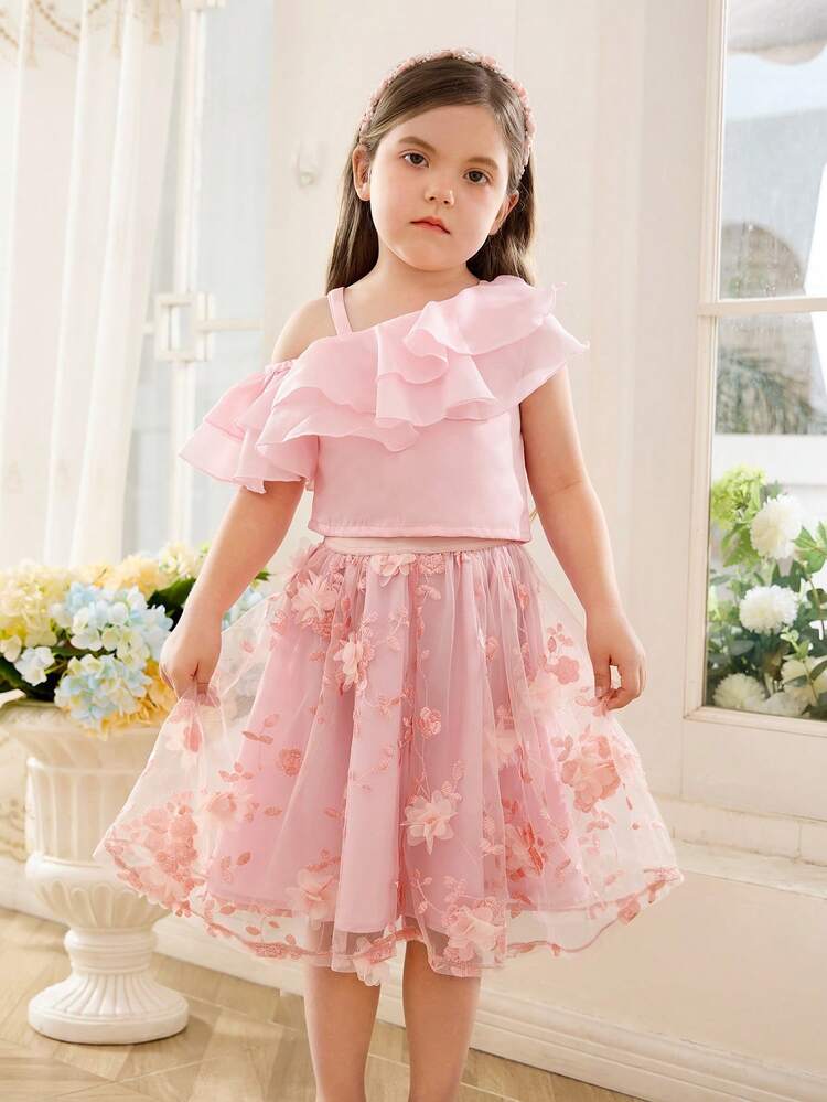 DRMZ Kids Young Girl Oblique Shoulder Double Layered Ruffle Decor Top With Mesh Embroidered Skirt Cottage Core Two Pieces Set