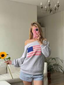 CovetEZ 休闲女式露肩单肩落肩美国独立日美国国旗蕾丝拼接格子运动衫，面料为天鹅绒和拉绒，秋冬季穿着舒适 - 灰色 - 查看 7